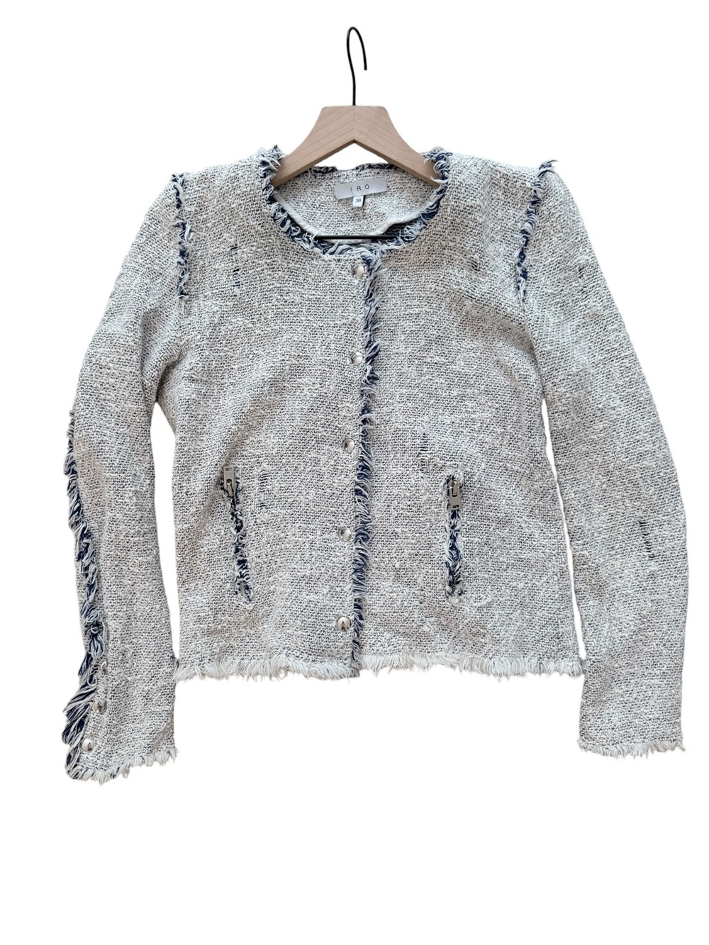 IRO Agnette Tweed Jacket White Blue Frayed Cotton Blend Size 38